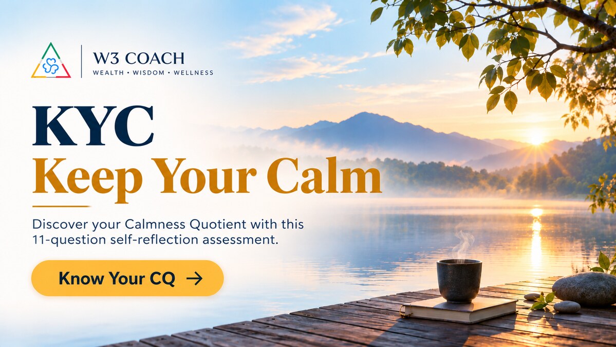 W3 Coach — KYC: Keep Your Calm. Sunrise over a lake, with an invitation to Know Your CQ.